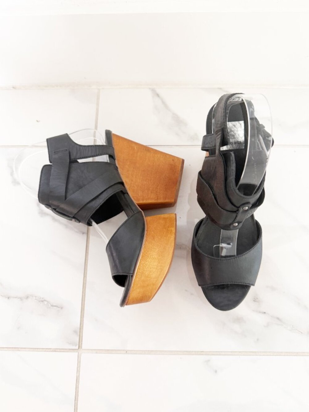 Dolce Vita Wooden Platform Heel Sandals Black Leather 8.5